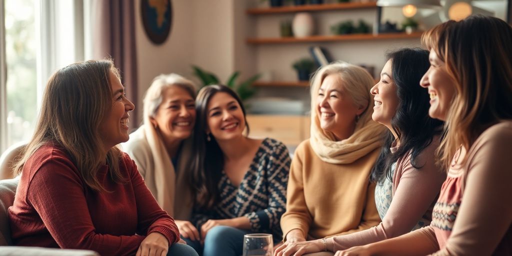 Diverse couples engaging in conversation in a cozy setting