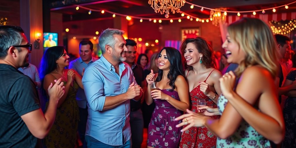 Diverse couples enjoy a lively swinging party atmosphere