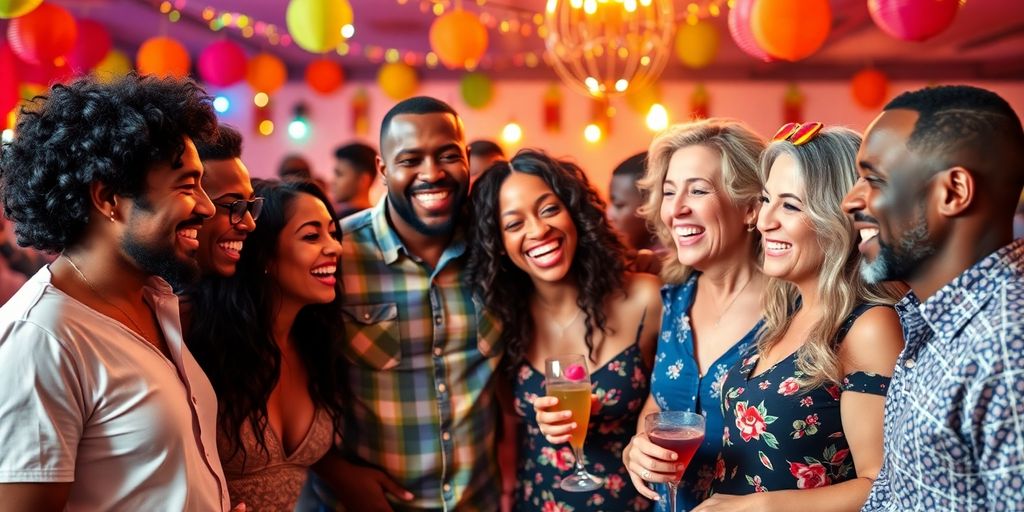 Diverse couples enjoying a joyful moment at a gathering