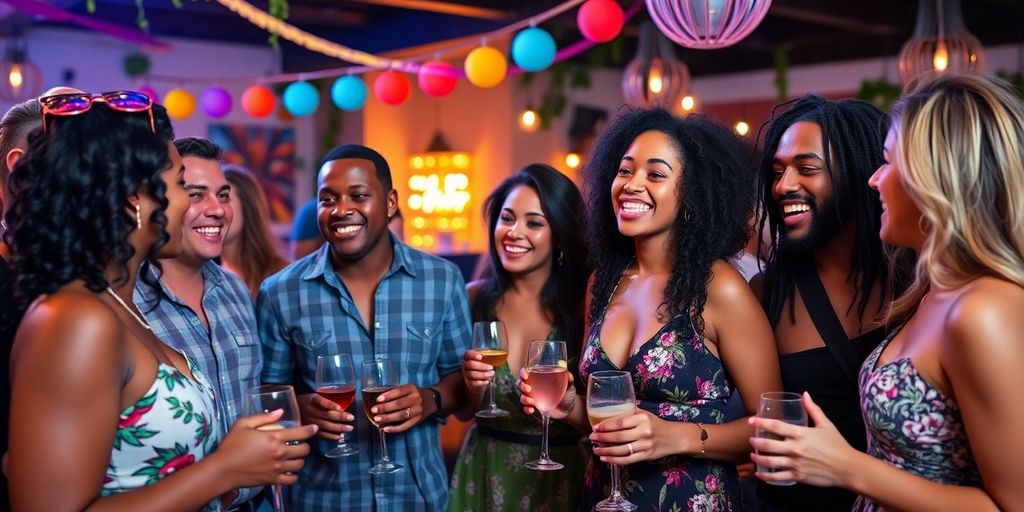 Diverse couples enjoying a lively interracial swinger event