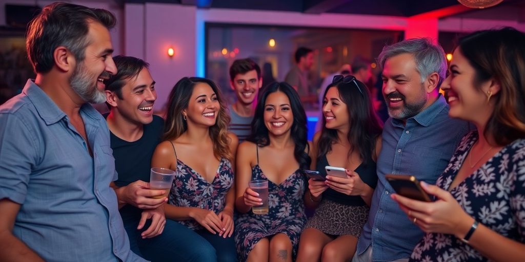 Diverse couples enjoying a lively social gathering indoors