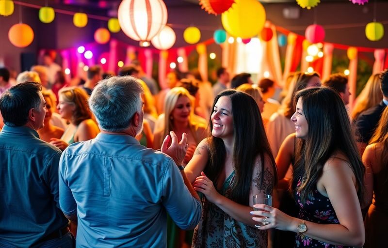 Diverse couples enjoying a lively swinger event atmosphere