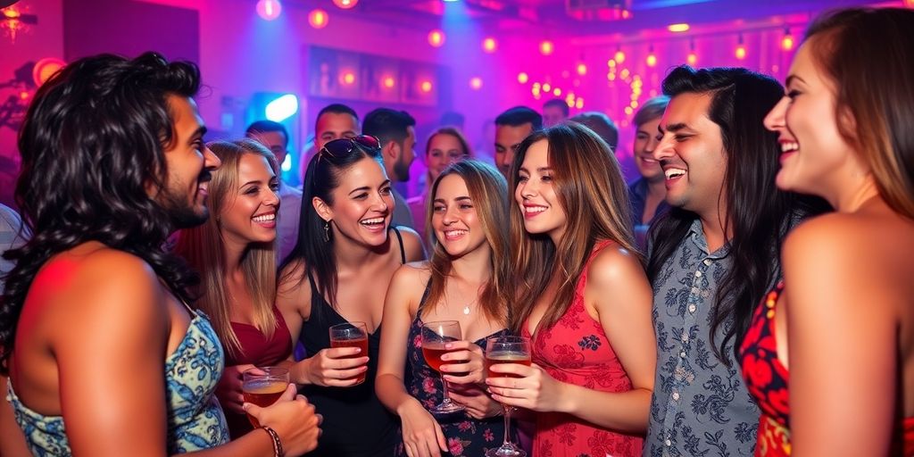 Diverse couples enjoying a lively swinger party atmosphere