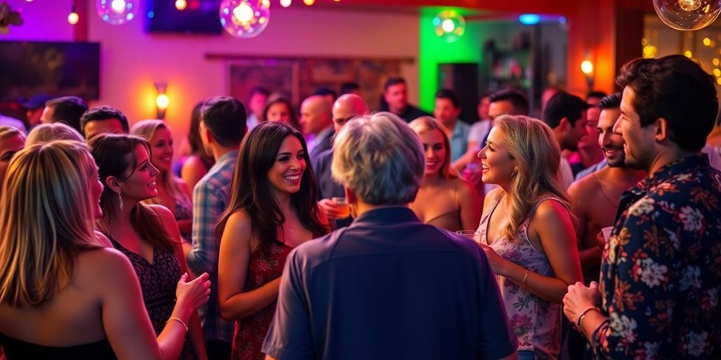 Diverse couples enjoying a lively swinging meet-up event