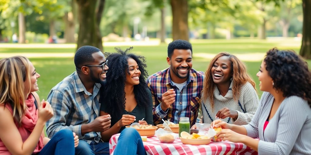 Diverse couples enjoying a picnic, celebrating love and unity