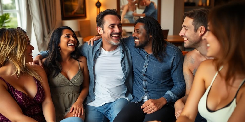 Diverse couples enjoying a relaxed gathering together