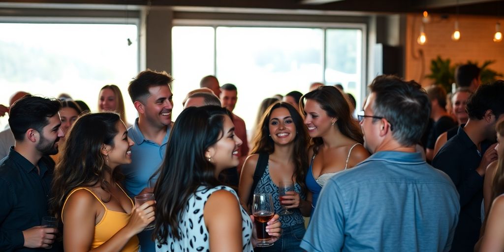 Diverse couples interacting at a lively gathering