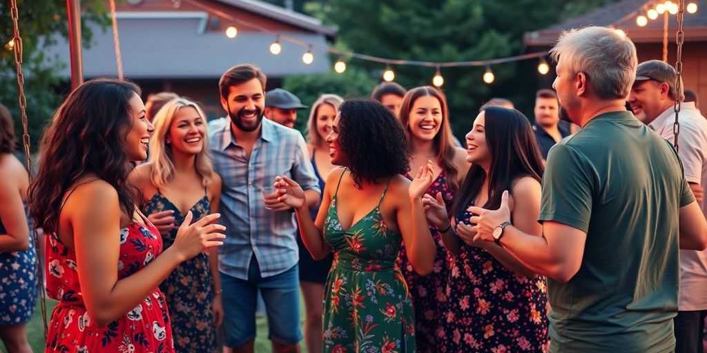 Diverse couples laughing and enjoying an outdoor gathering
