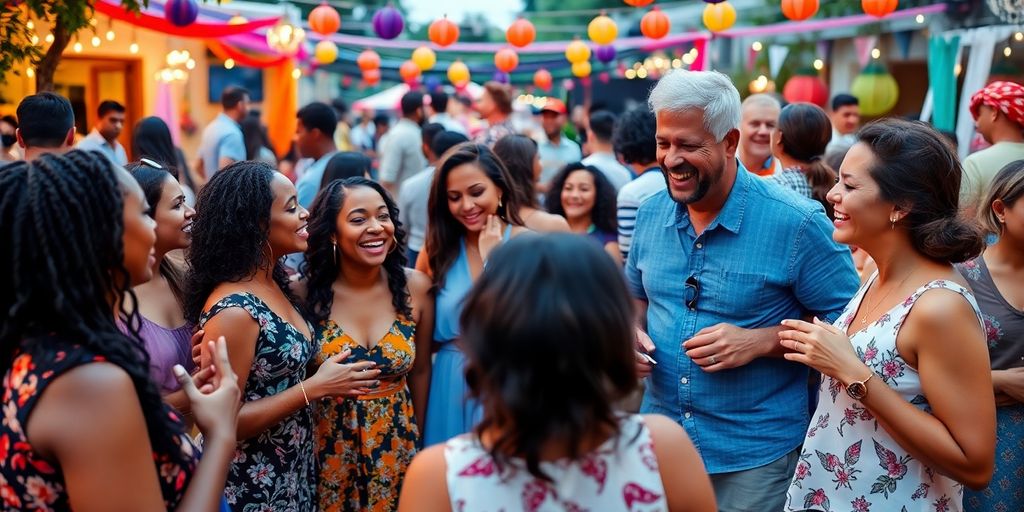 Diverse couples socializing at a lively outdoor event