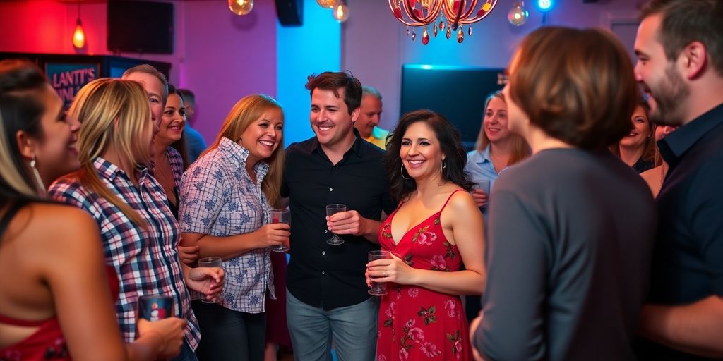 Diverse couples socializing at a lively swinger event