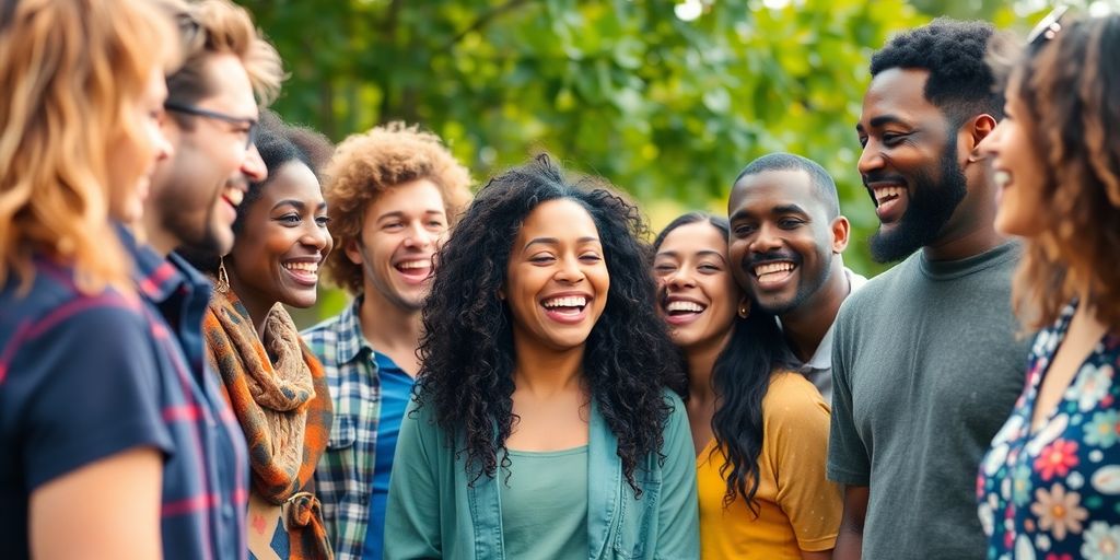 Diverse friends enjoying a lively outdoor conversation together