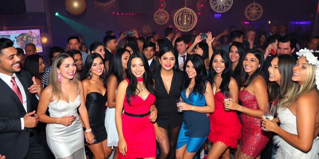 Diverse guests in stylish outfits at a lively party