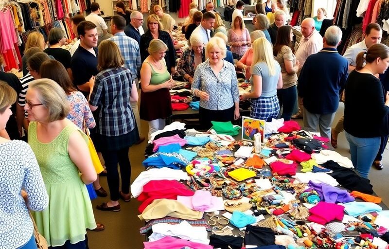 Diverse people exchanging items at a colorful swap party.