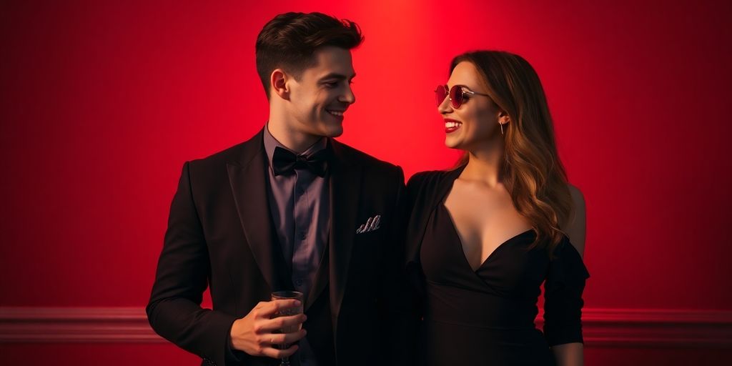 Elegant couple preparing for a red-themed event