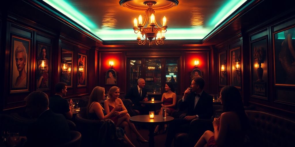 Elegant patrons enjoying drinks in a traditional club setting