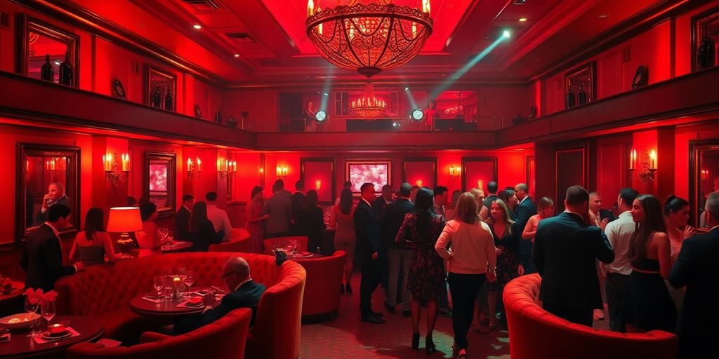 Elegant red room party with stylish attendees and decor