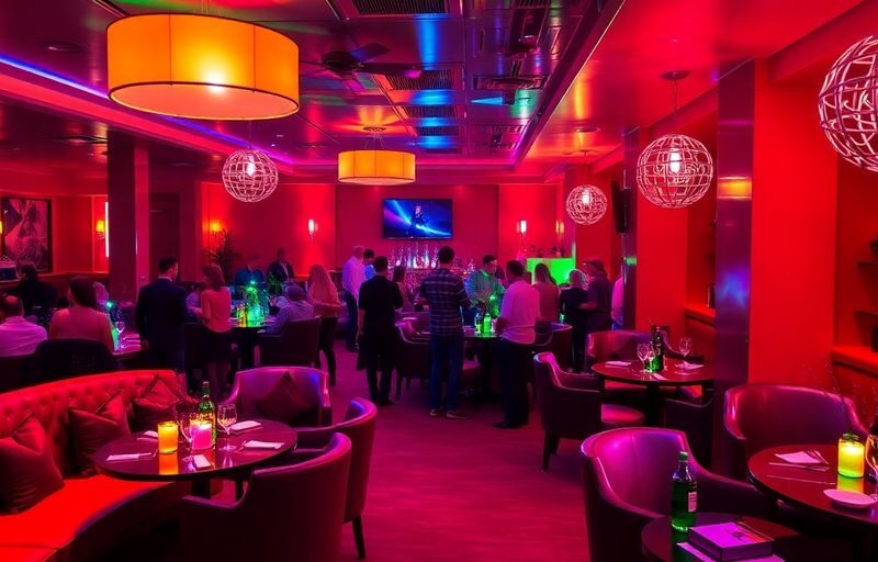 Elegant red room party with stylish decor and seating