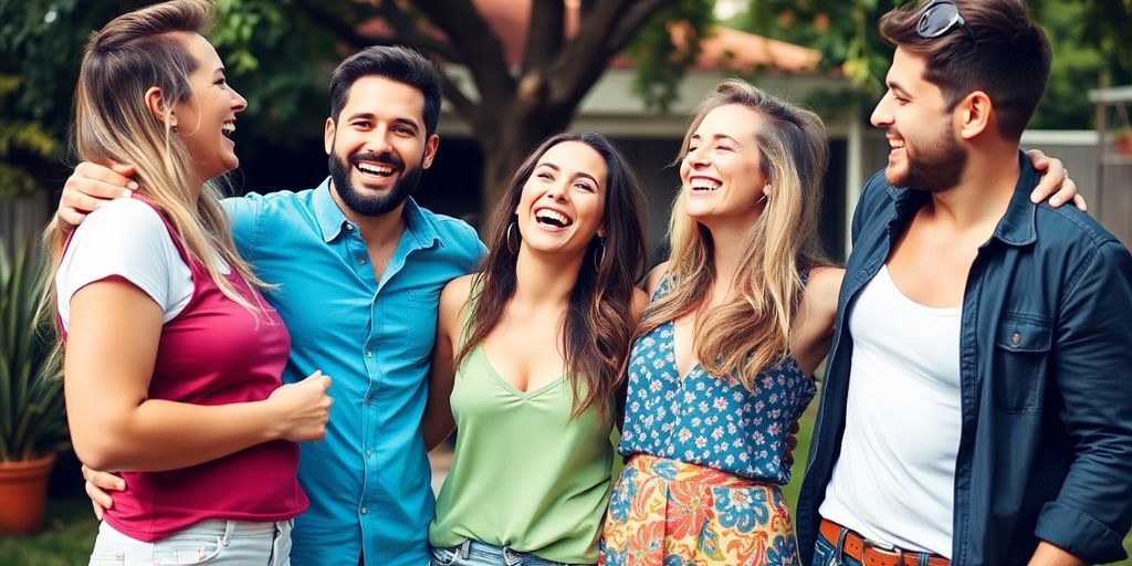 Four friends laughing together at an outdoor gathering