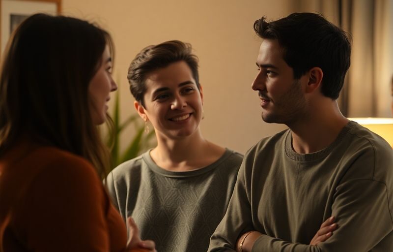 Friends discussing relationships with a woman in the background