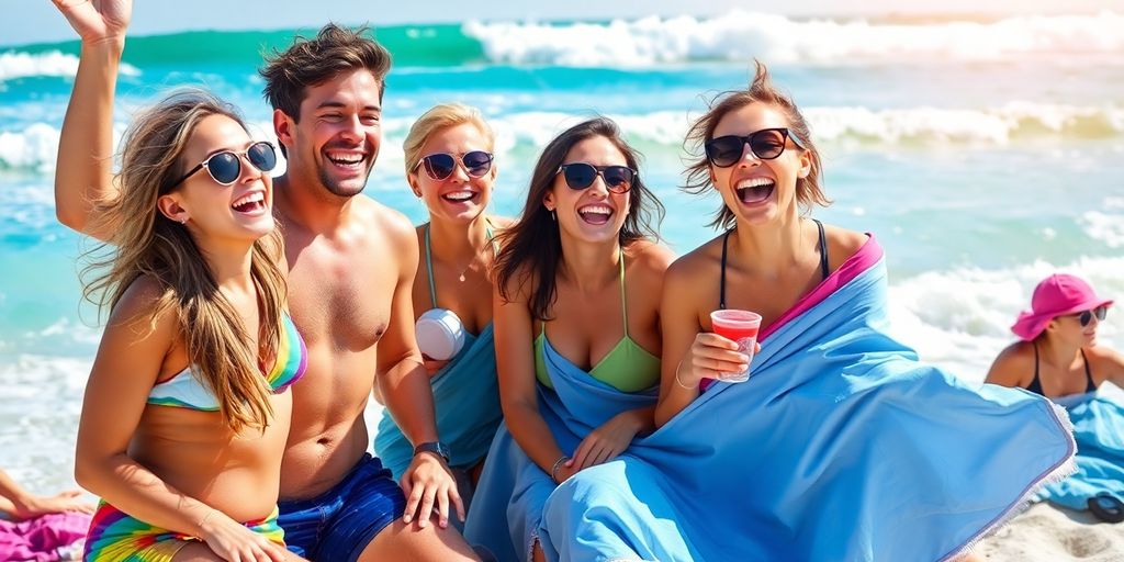 Friends enjoying a sunny beach day filled with laughter