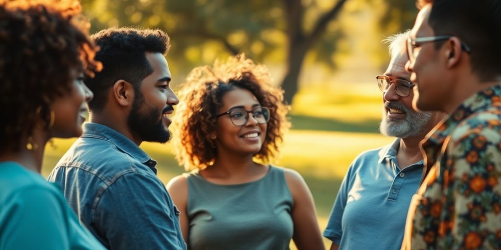 Group discussing relationship dynamics in a cultural setting