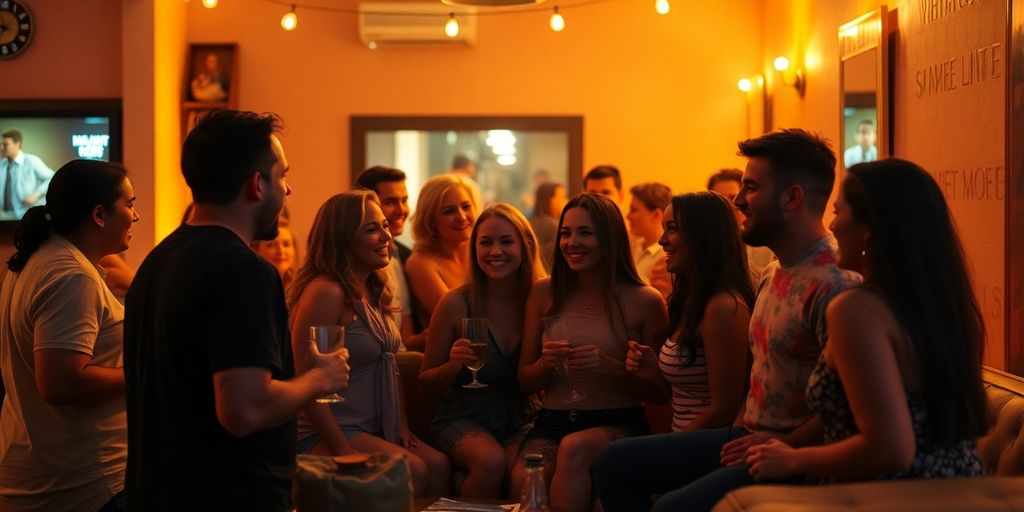 Group of adults enjoying an intimate swinger gathering indoors