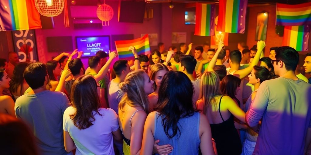 Group of diverse people dancing at a queer party
