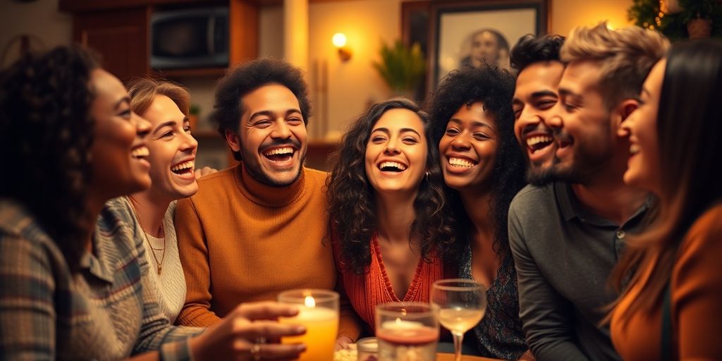 Group of friends laughing together at a cozy gathering