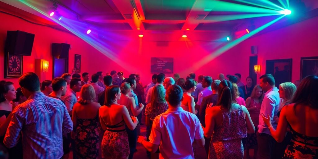 Guests dancing in a lively red room party