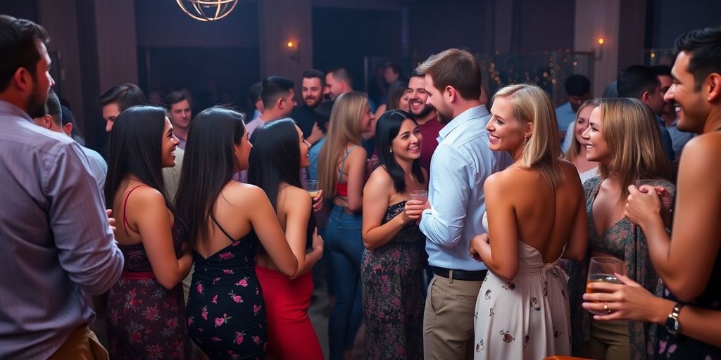 Guests mingling and laughing at a swinger party