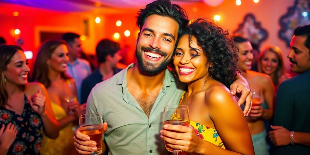 Happy couple at a lively party celebrating together