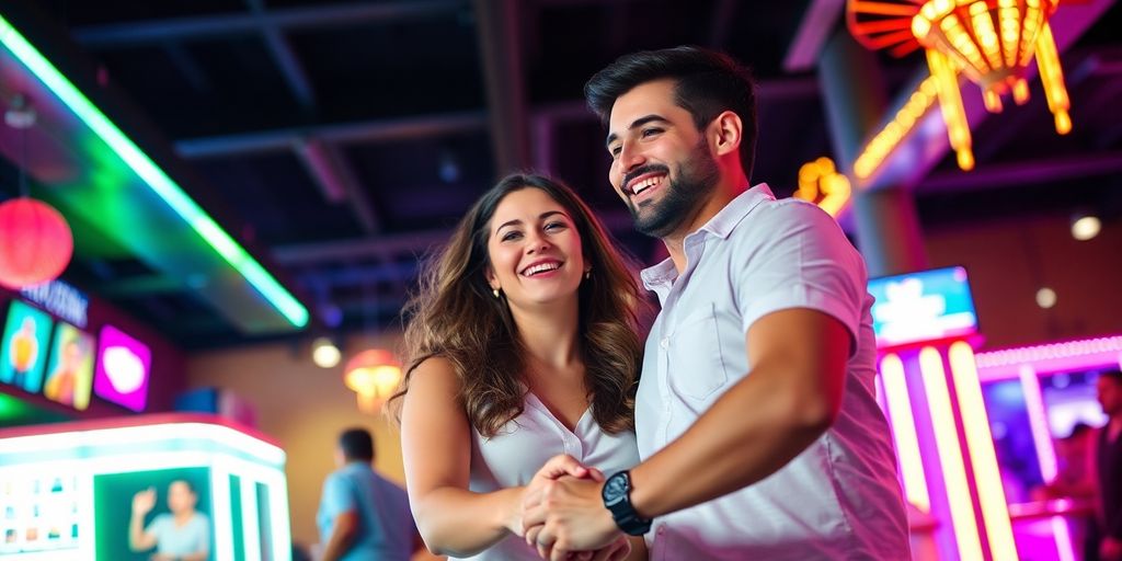 Happy couple enjoying their first swinger event together