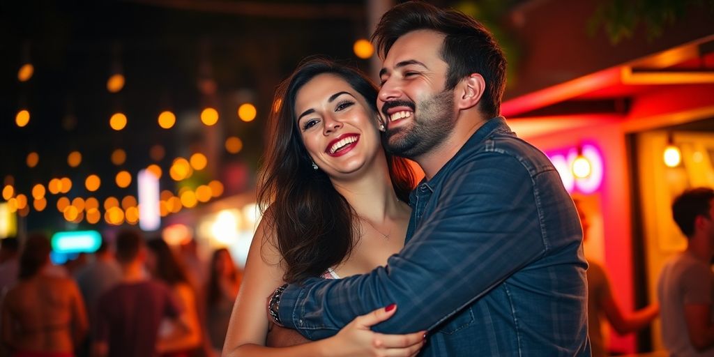 Happy couple in nightlife, embracing the hotwife lifestyle.