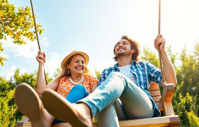 Happy couple swinging together in a sunny garden