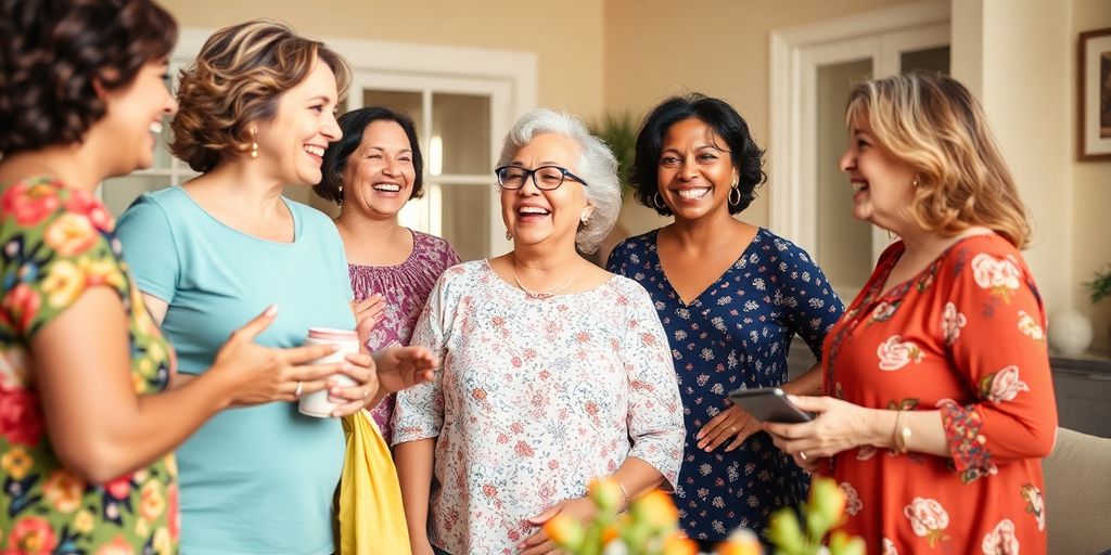Housewives exchanging experiences and laughter in a warm setting