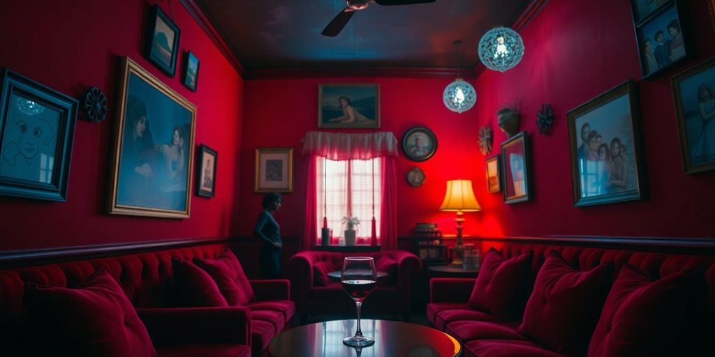 Intimate red room with cozy seating and soft lighting