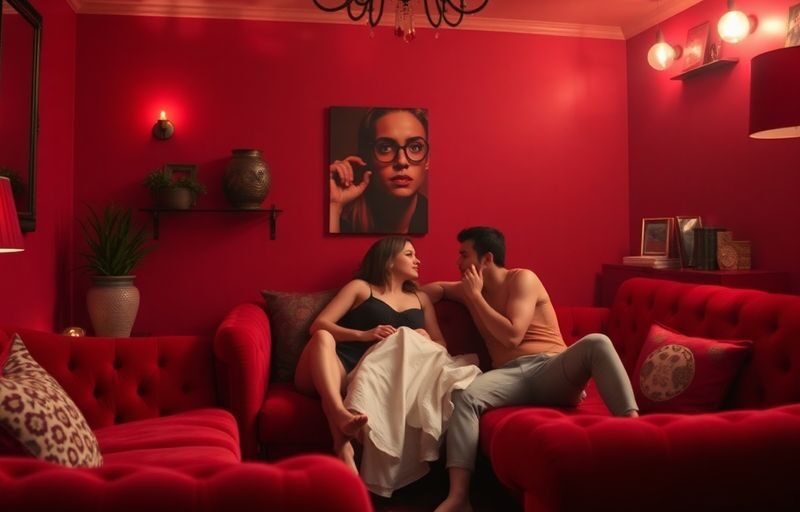 Intimate red room with plush furnishings and soft lighting