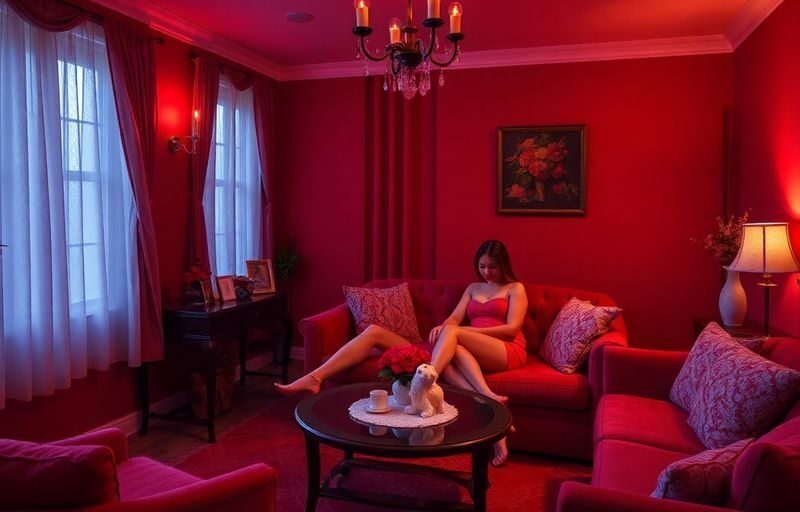 Intimate red room with plush furniture and soft lighting