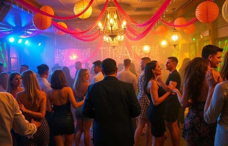 Lively swinger party with couples dancing and socializing