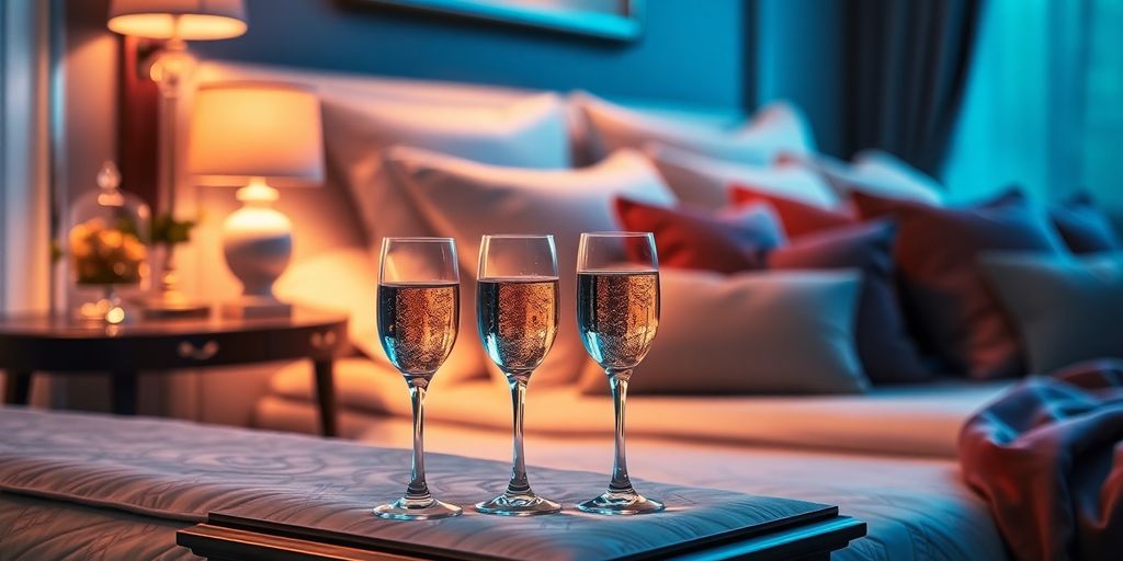 Luxurious bedroom with champagne and soft lighting