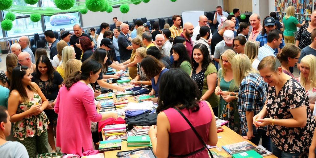 People happily exchanging items at a swap party