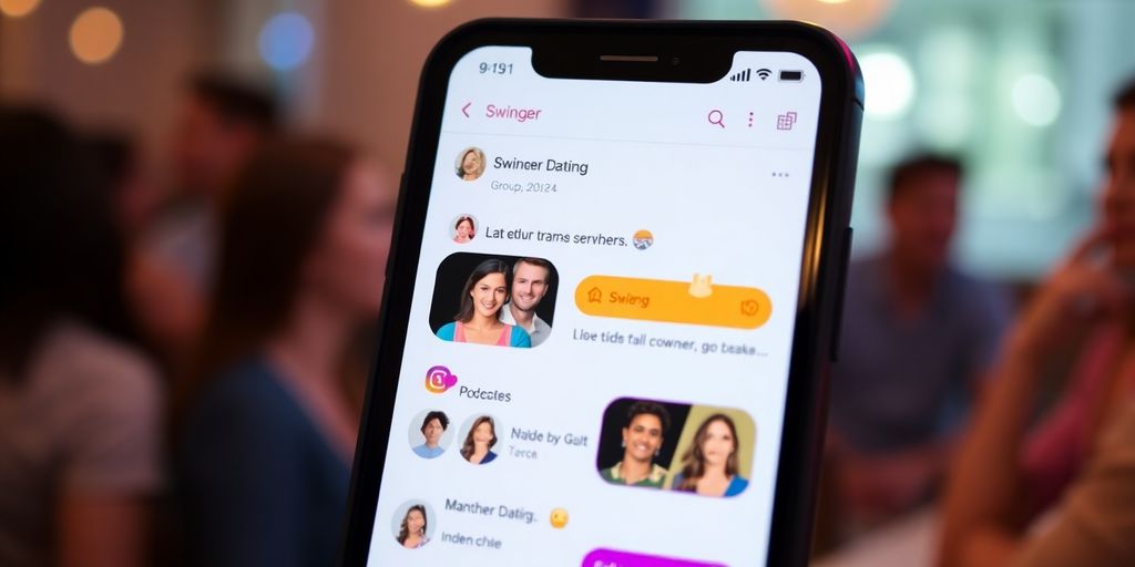 Smartphone displaying swinger dating app group chat conversation