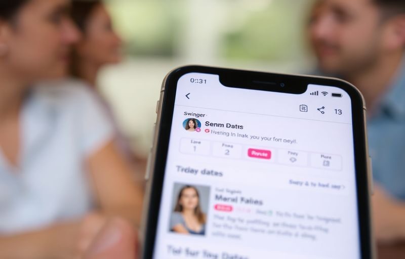 Smartphone screen with swinger app profiles blurred background
