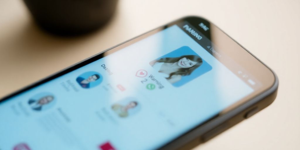 Smartphone with dating app and warning symbols on screen