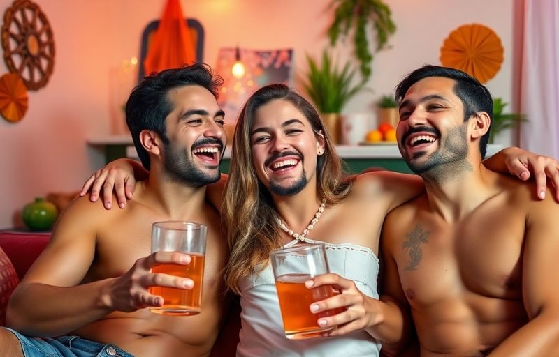 Three adults joyfully interacting in an intimate setting