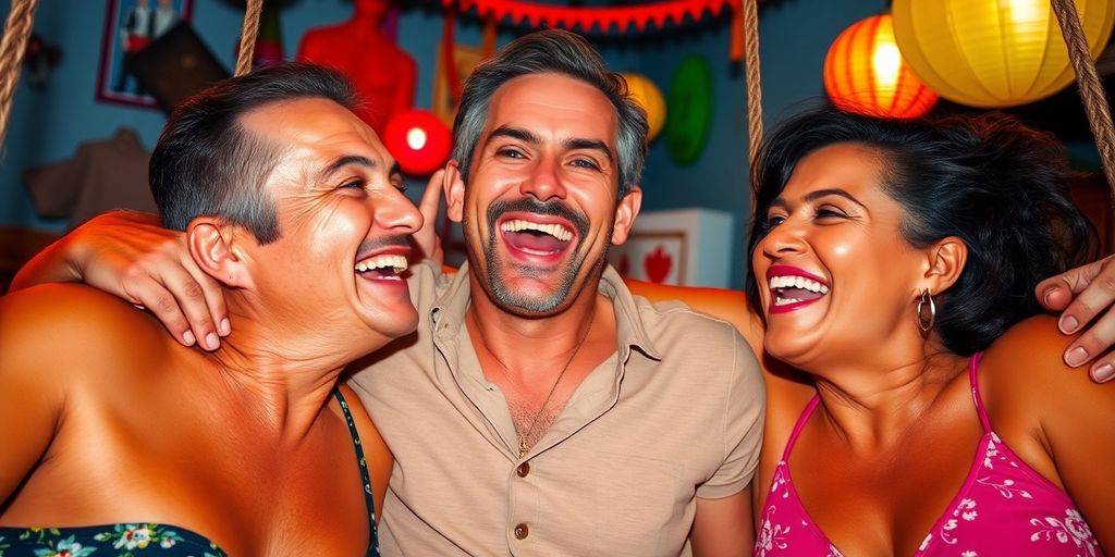 Three adults joyfully interacting in an intimately