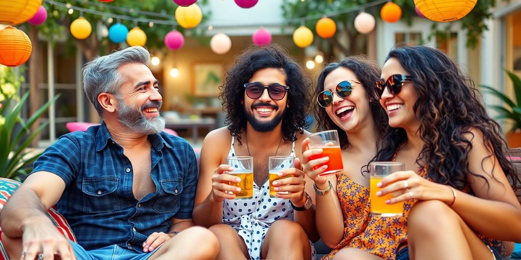 Three adults sharing a joyful outdoor gathering together