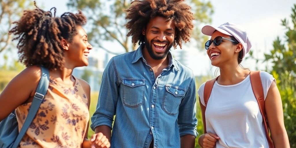Three diverse people enjoying a playful moment together outdoors
