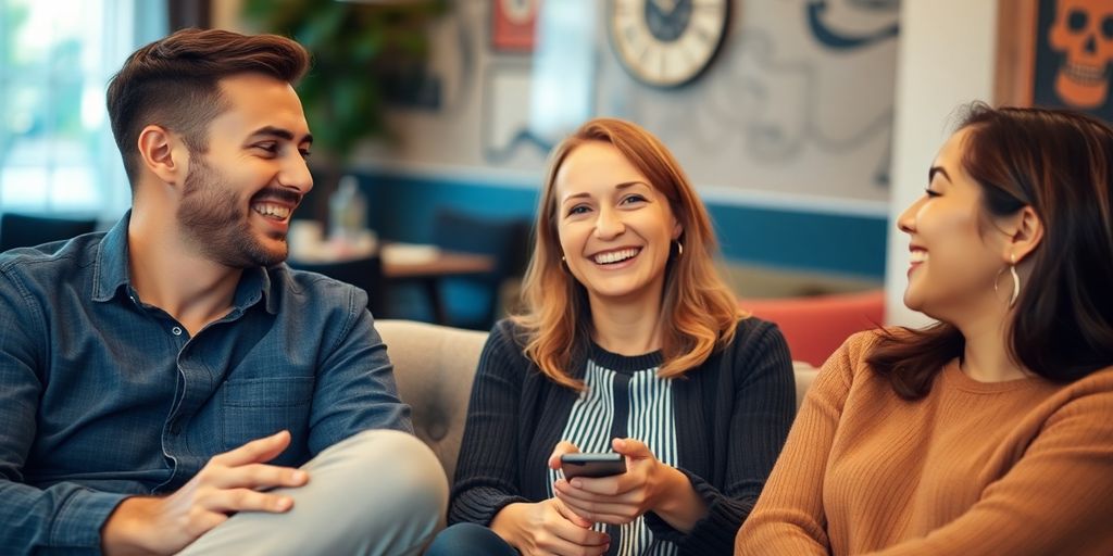 Three people communicating warmly in a cozy setting