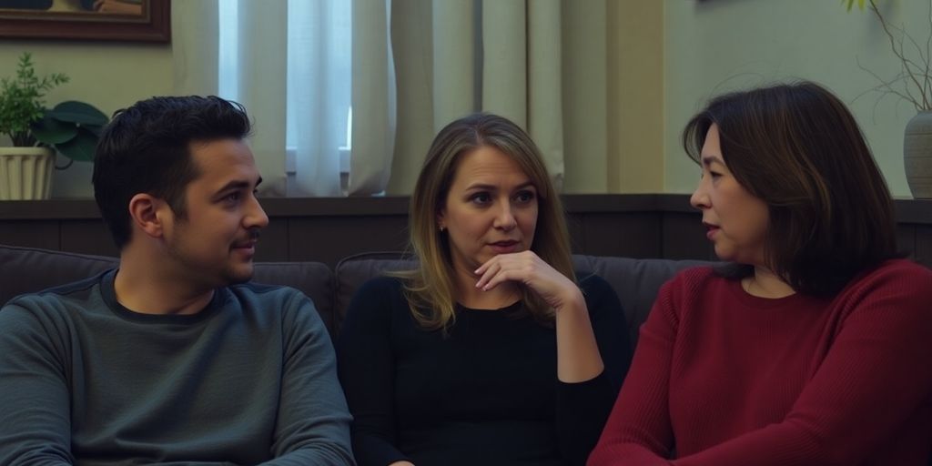 Three people discussing dynamics in a threesome setting